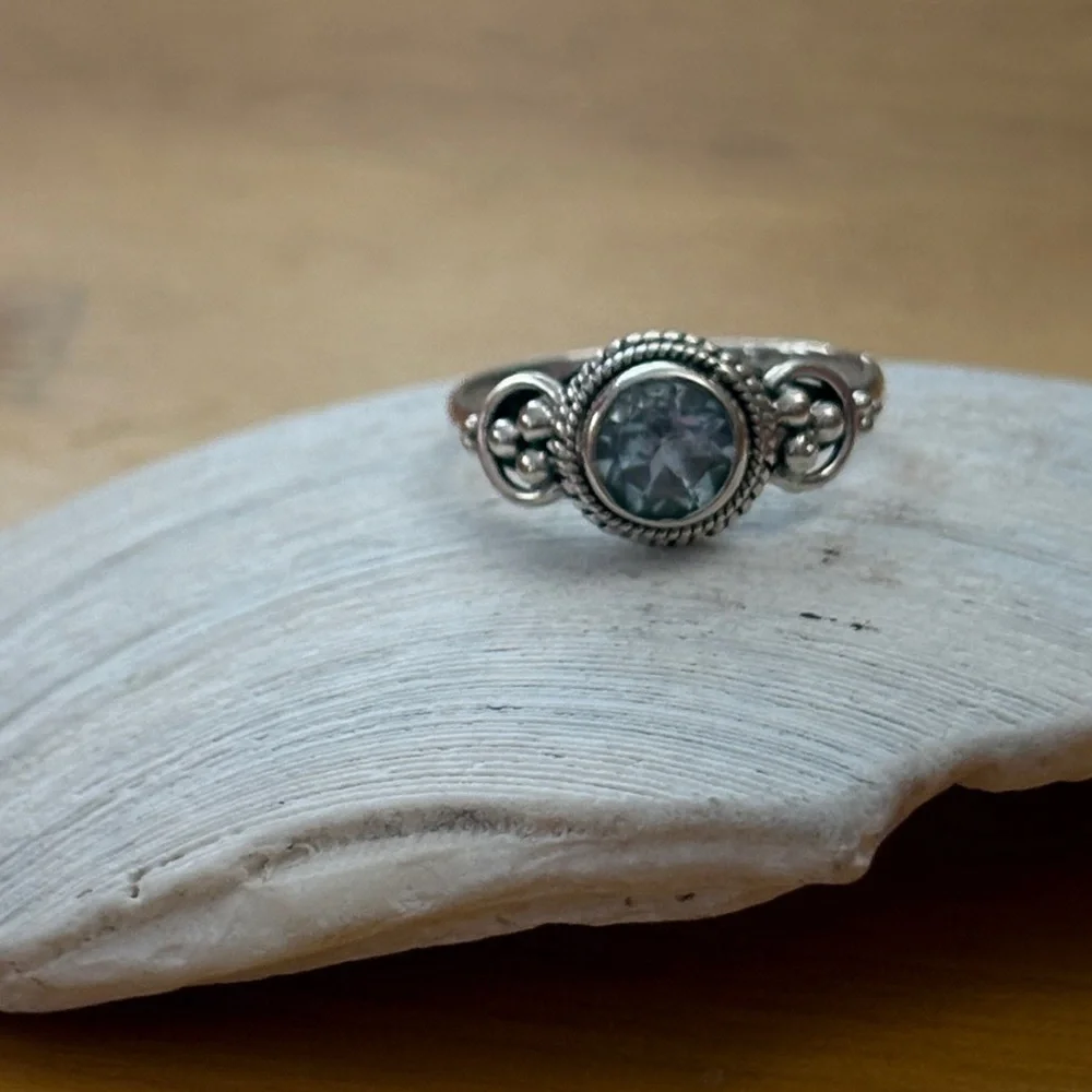Genuine Natural Blue Topaz Round Solitaire Ring Sterling Silver Size 7